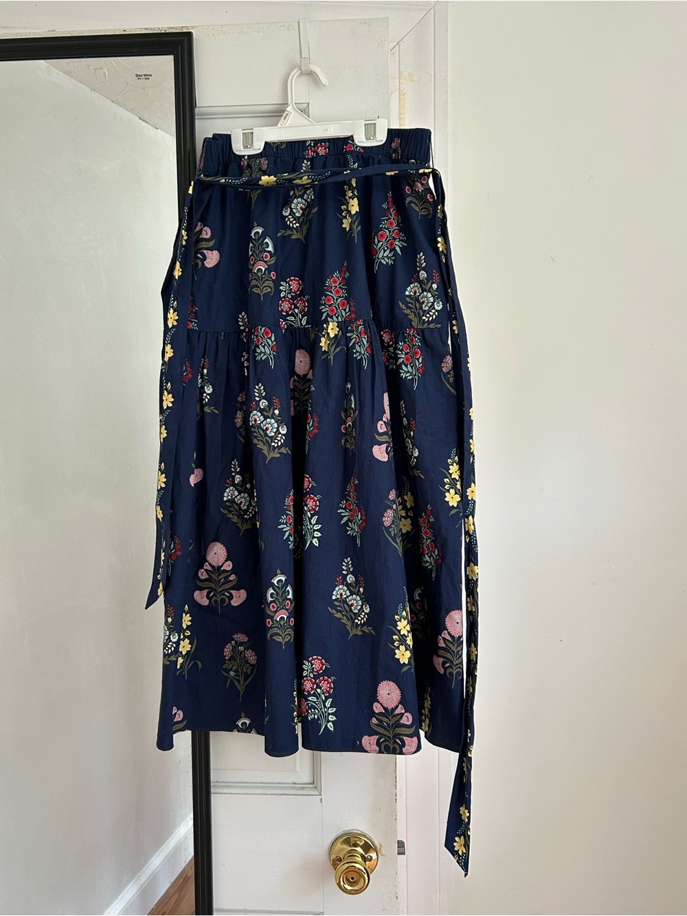 Talbots Navy Floral Tiered Midi Skirt with Self-Tie Belt